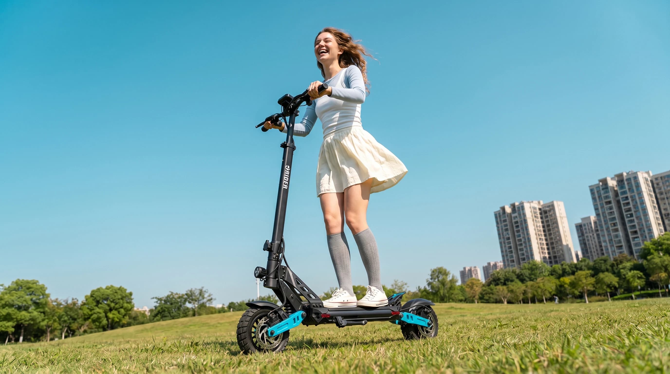 Young rider laughing on an F1 Scooters scooter in a sunny city park with the skyline behind