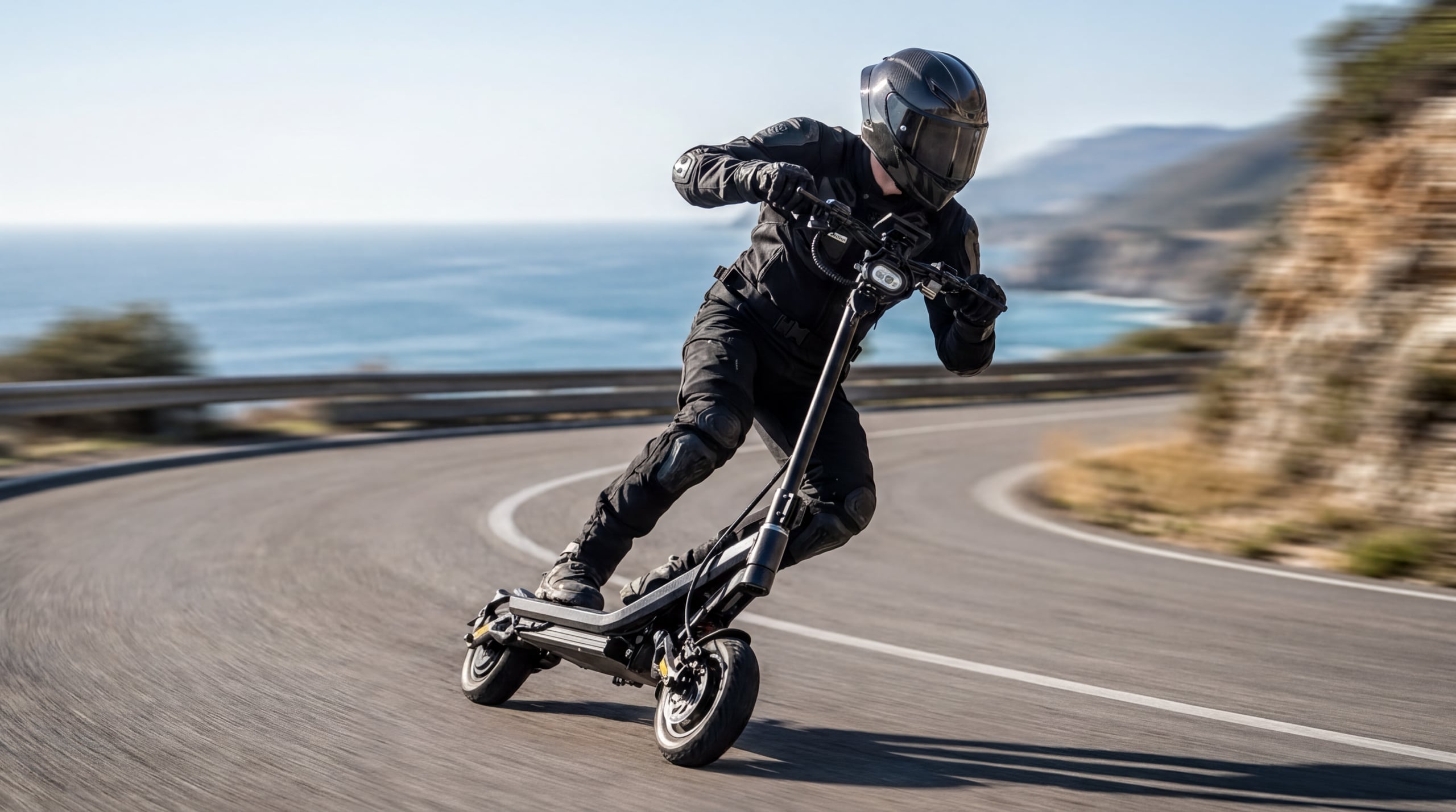 Rider in full moto gear carving a coastal cliff road on a high-performance dual-motor stand-up kick scooter