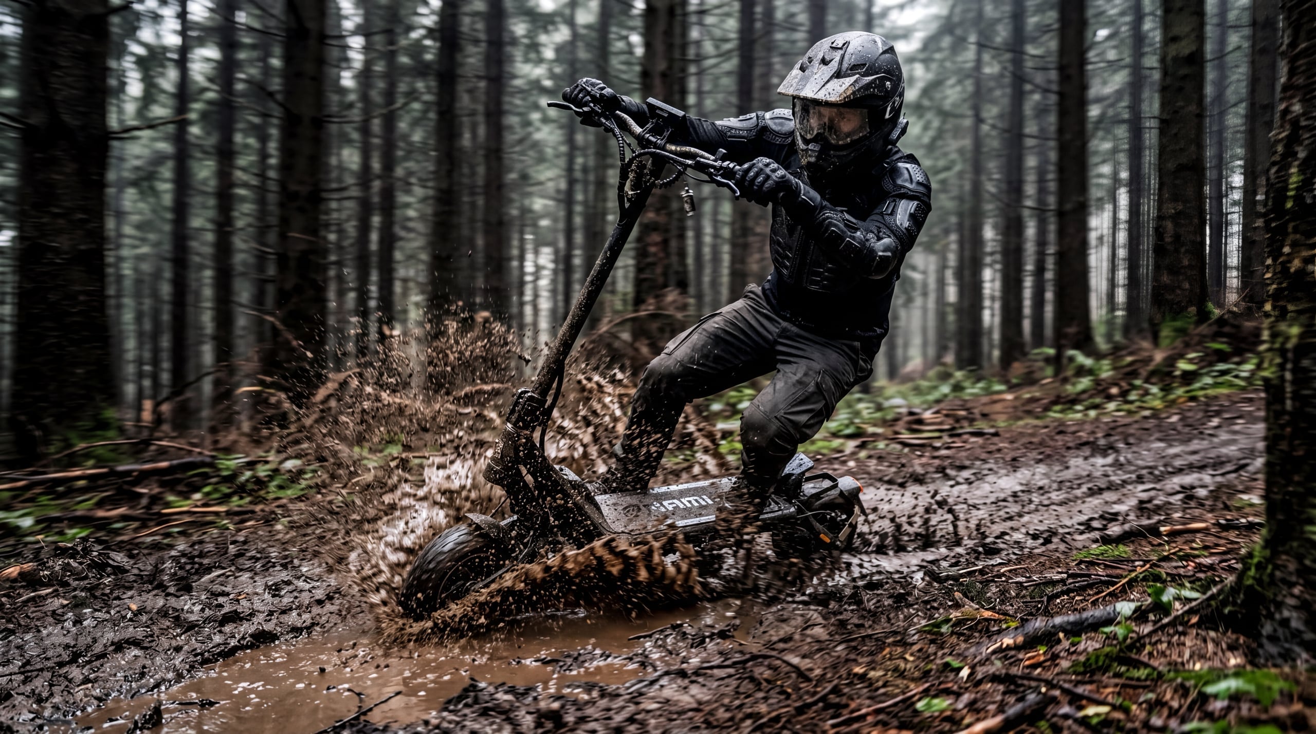 Rider splashing through a muddy forest trail on a stand-up electric kick-scooter