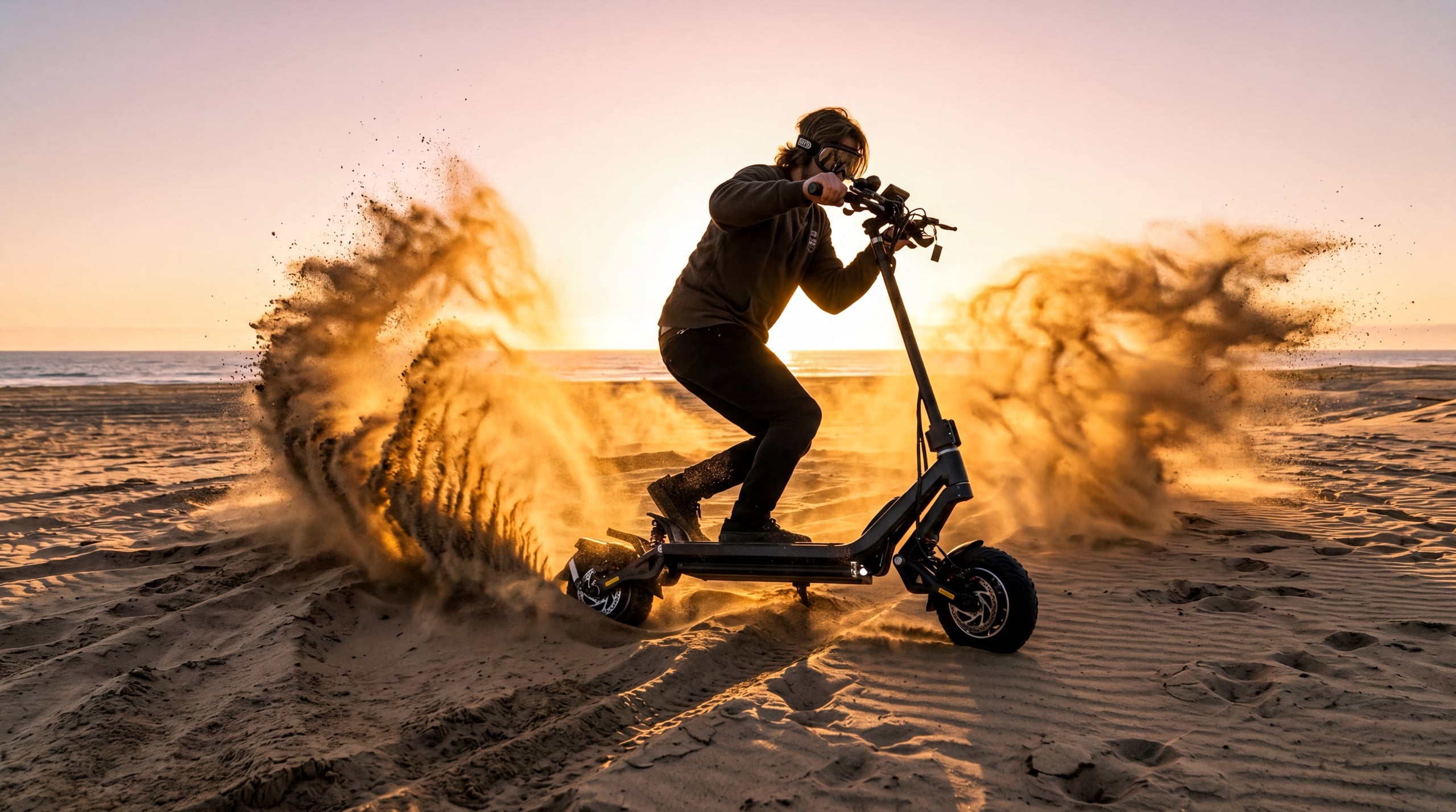 Rider drifting an electric stand-up scooter through sand dunes at sunset, kicking up a huge plume of sand