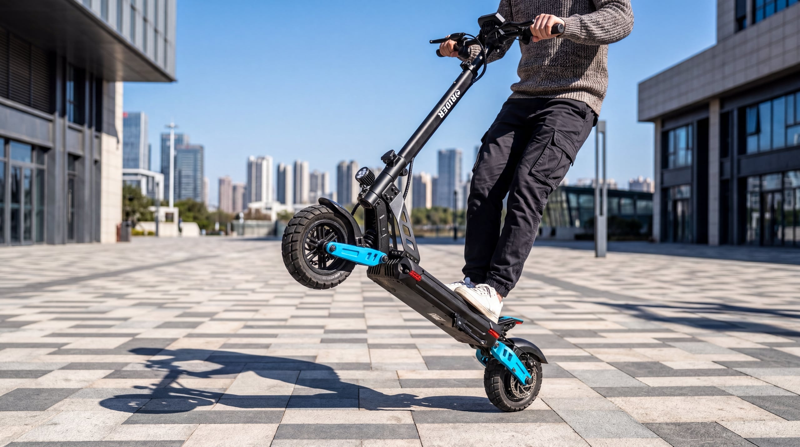 Rider pulling a wheelie on a RIDER 10X PRO in a sunny modern city plaza with skyscrapers in the background