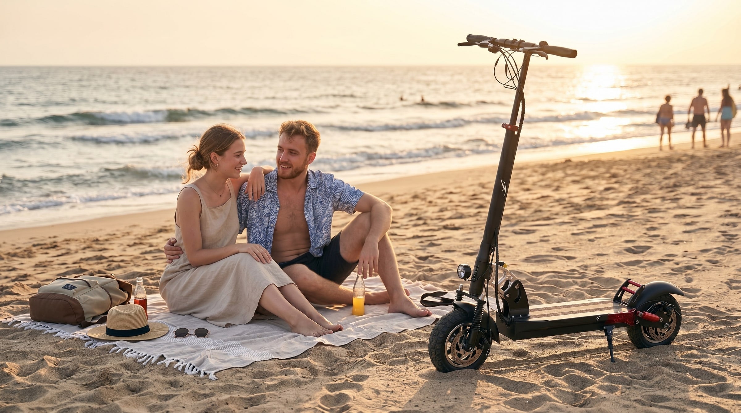 Couple sharing a beach picnic at sunset with an F1 electric scooter parked next to them