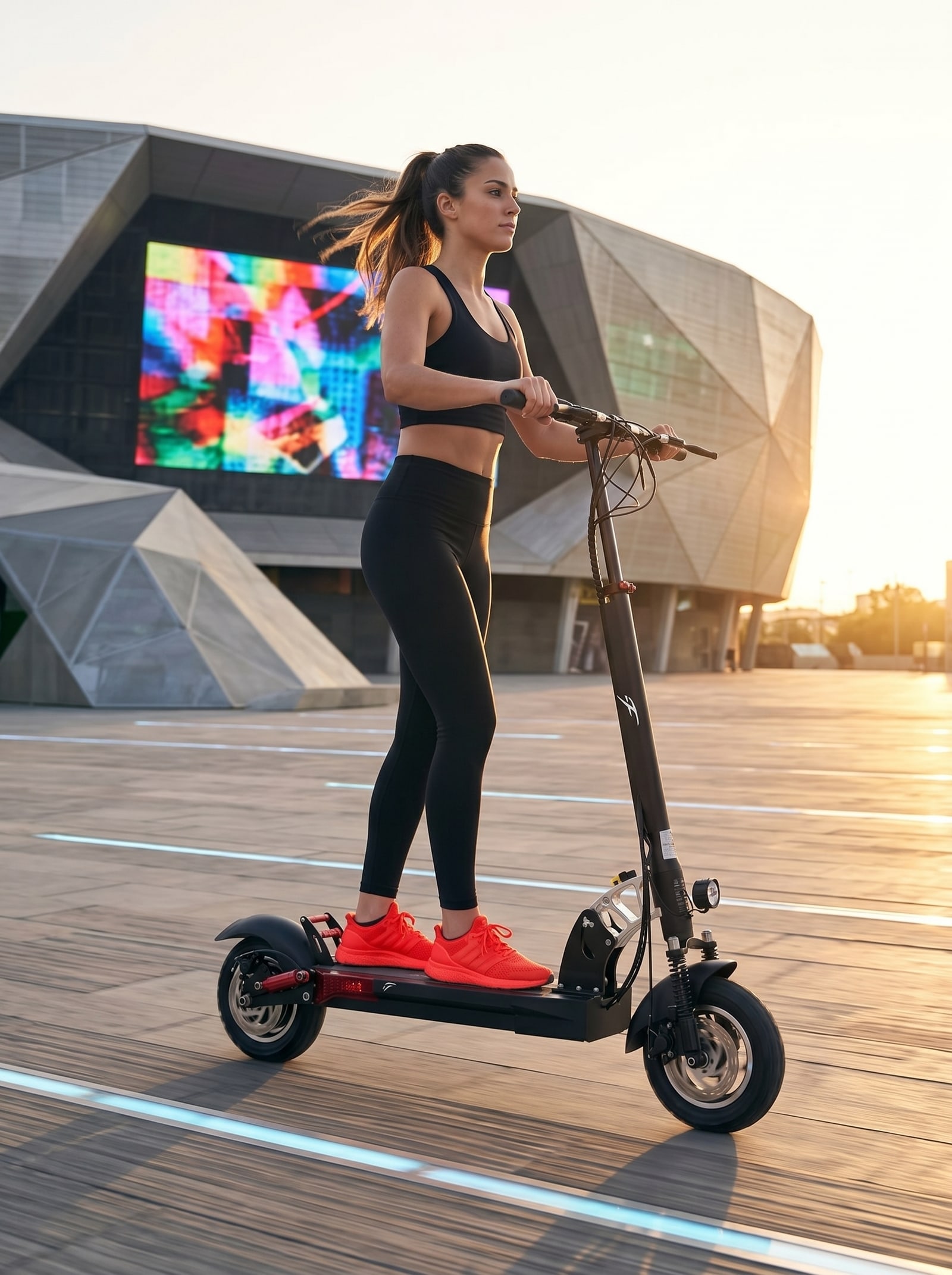 F1 48V 18Ah — רוכבת על ה־F1 בשקיעה מול כיכר עירונית מעוצבת