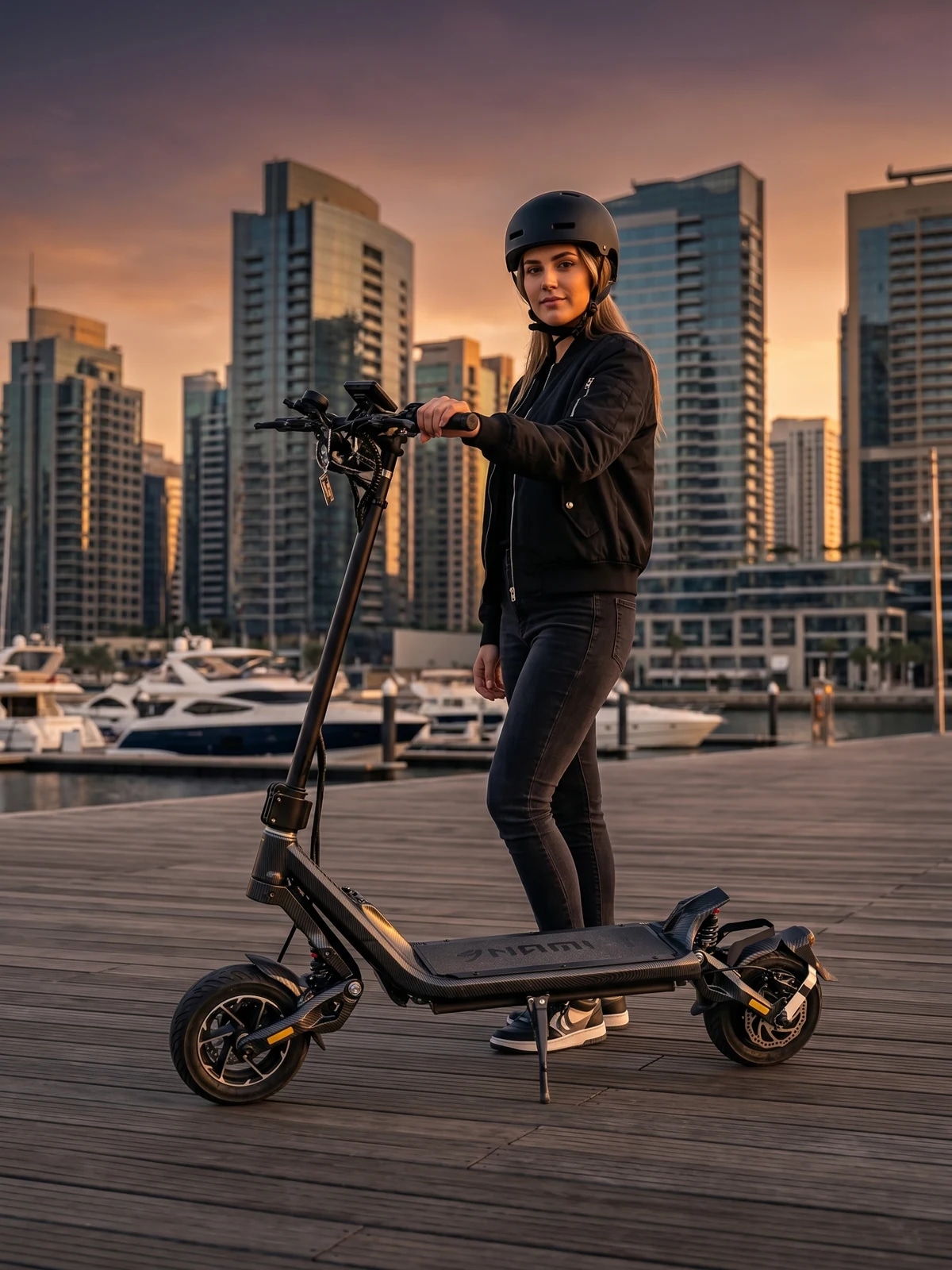Nami Klima 48V Carbon Matte — רוכבת לצד הקורקינט בקו החוף של העיר בשקיעה