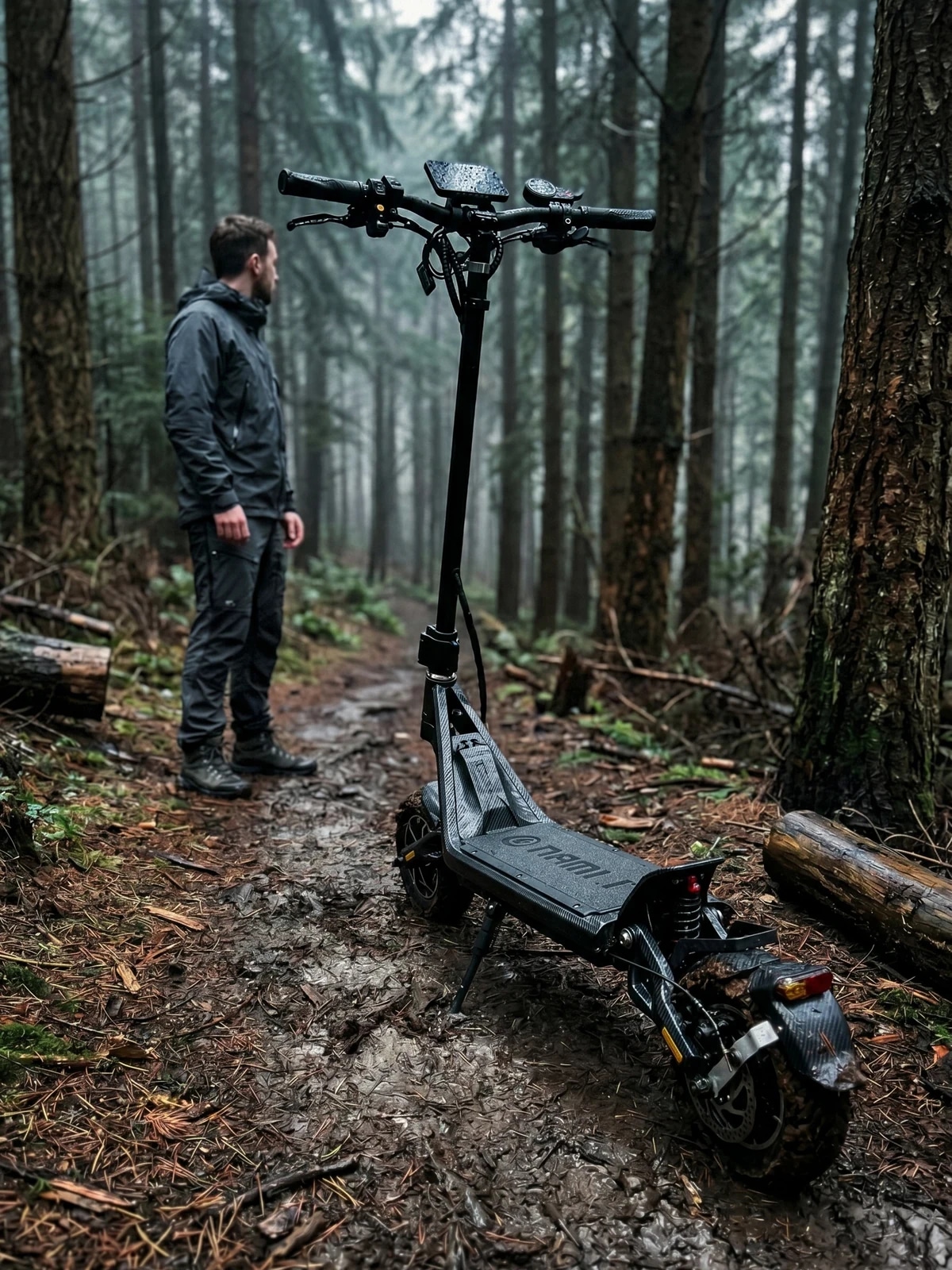 Nami Klima 48V Carbon Matte — רוכב לצד הקורקינט בשביל יער ערפילי